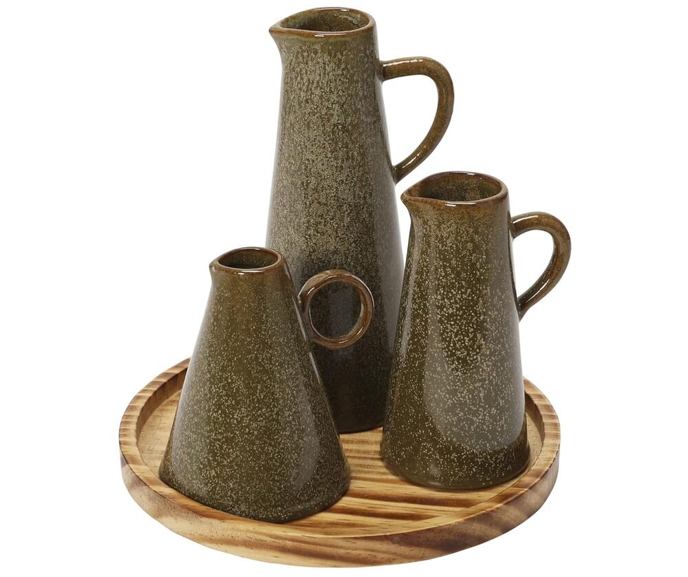 Set of 3 Stoneware PItchers & Pine Wood Tray from Creative Co-Op (DF6574) New